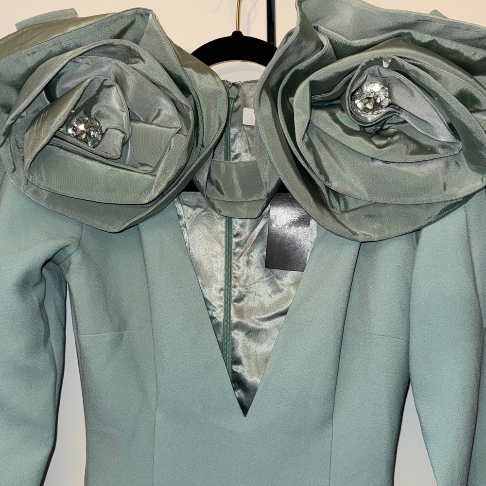 NWT long sleeve dress seafoam gown w/ deep Vneck extravagant taffeta roses XS - Picture 13 of 14